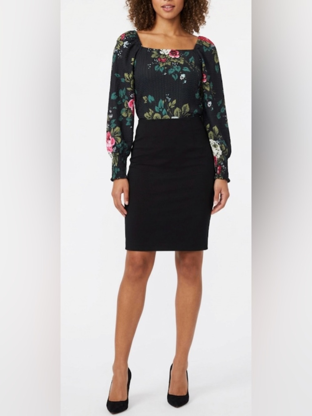 LOFT Black Floral XS Square Neck Blouse Knit Peasant Top Smocked Puff Sleeves